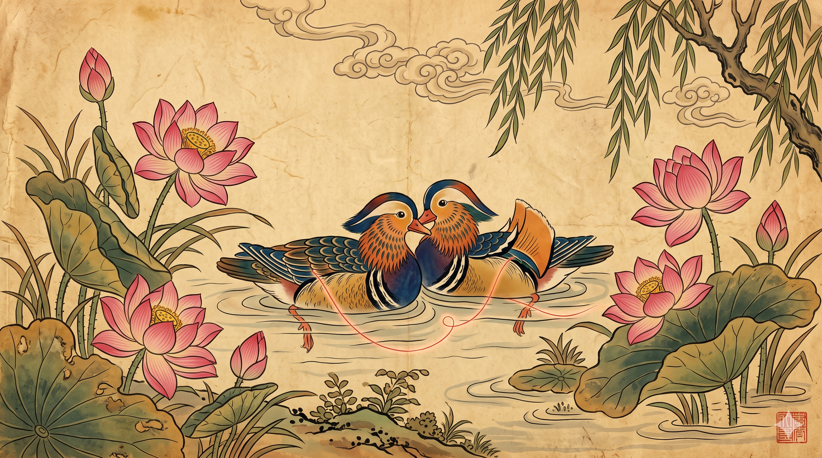 Korean Minhwa Mandarin Ducks in Lotus Pond